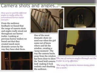 Camera shots and angles…
‘How you've used the different
angles to really utilise the
conventional horror trailer
concepts.’
From the audience
feedback we found that
the range of camera shots
and angles really stood out
throughout our horror
trailer. Looking at              One of the most
previous horror trailers we      dramatic shots we
found out that they              used was when the girl
created much more                came out of know
dramatic scenes by the           where and hit the
way they have shot them.         window, creating a
                                 ‘jump moment’. The
                                 way the camera backs
                                 away from the window
                                 has been done to show ‘The use of camera angles through out the
                                 the ‘hand held camera trailer is very effective.’
                                 look’ making it look
                                                        ‘The way the camera moves away gives
                                 realistic and shocking
                                                        me a scare.’
                                 the audience.
 