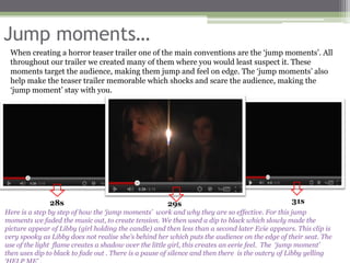 Jump moments…
 When creating a horror teaser trailer one of the main conventions are the ‘jump moments’. All
 throughout our trailer we created many of them where you would least suspect it. These
 moments target the audience, making them jump and feel on edge. The ‘jump moments’ also
 help make the teaser trailer memorable which shocks and scare the audience, making the
 ‘jump moment’ stay with you.




               28s                                    29s                                       31s
Here is a step by step of how the ‘jump moments’ work and why they are so effective. For this jump
moments we faded the music out, to create tension. We then used a dip to black which slowly made the
picture appear of Libby (girl holding the candle) and then less than a second later Evie appears. This clip is
very spooky as Libby does not realise she’s behind her which puts the audience on the edge of their seat. The
use of the light flame creates a shadow over the little girl, this creates an eerie feel. The ‘jump moment’
then uses dip to black to fade out . There is a pause of silence and then there is the outcry of Libby yelling
 