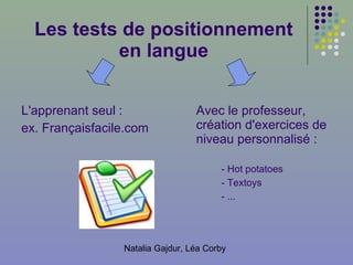 Les tests de positionnement en langue L'apprenant seul   :  ex.  Françaisfacile.com Avec le professeur, création d'exercices de niveau personnalisé : - Hot potatoes - Textoys - ... 