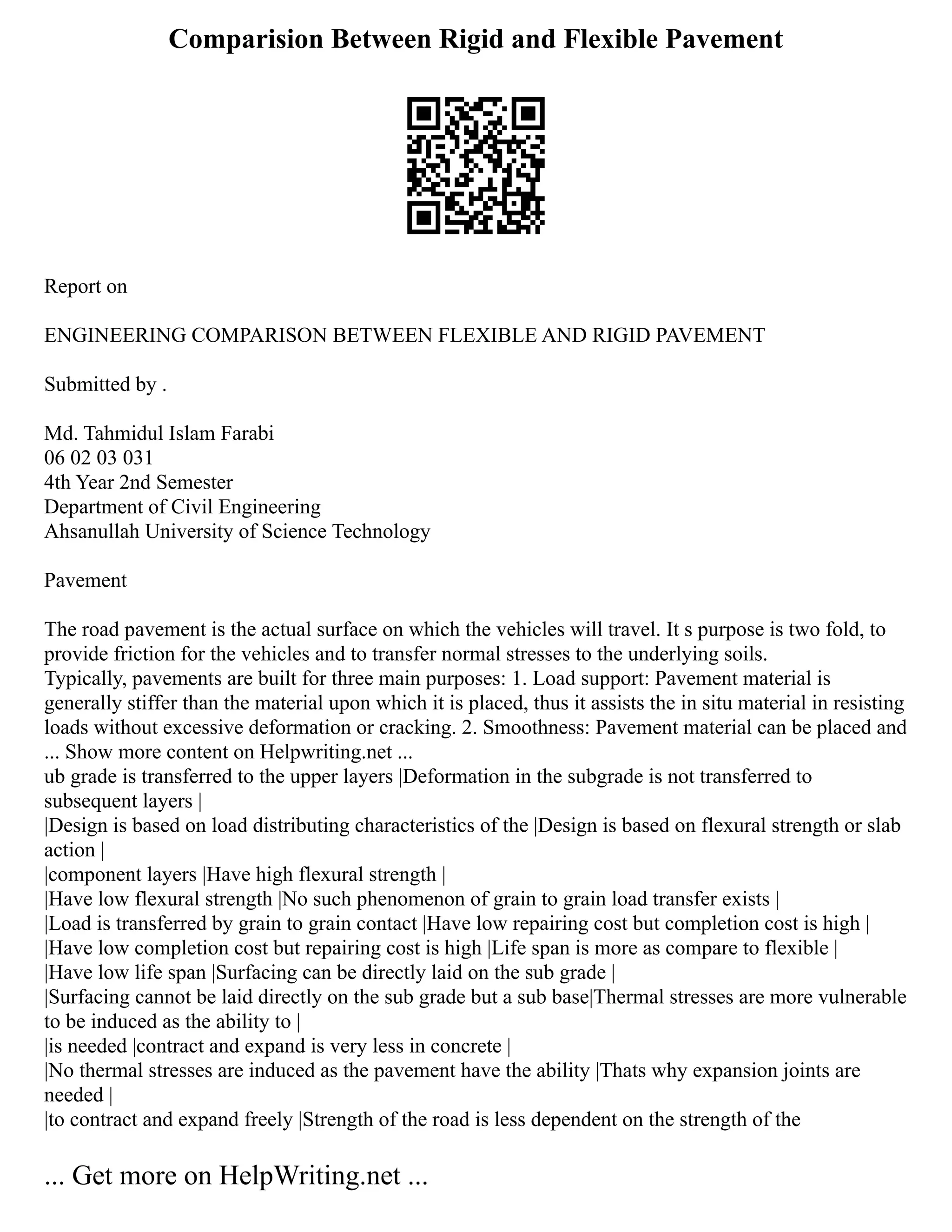 Comparision Between Rigid and Flexible Pavement
Report on
ENGINEERING COMPARISON BETWEEN FLEXIBLE AND RIGID PAVEMENT
Submitted by .
Md. Tahmidul Islam Farabi
06 02 03 031
4th Year 2nd Semester
Department of Civil Engineering
Ahsanullah University of Science Technology
Pavement
The road pavement is the actual surface on which the vehicles will travel. It s purpose is two fold, to
provide friction for the vehicles and to transfer normal stresses to the underlying soils.
Typically, pavements are built for three main purposes: 1. Load support: Pavement material is
generally stiffer than the material upon which it is placed, thus it assists the in situ material in resisting
loads without excessive deformation or cracking. 2. Smoothness: Pavement material can be placed and
... Show more content on Helpwriting.net ...
ub grade is transferred to the upper layers |Deformation in the subgrade is not transferred to
subsequent layers |
|Design is based on load distributing characteristics of the |Design is based on flexural strength or slab
action |
|component layers |Have high flexural strength |
|Have low flexural strength |No such phenomenon of grain to grain load transfer exists |
|Load is transferred by grain to grain contact |Have low repairing cost but completion cost is high |
|Have low completion cost but repairing cost is high |Life span is more as compare to flexible |
|Have low life span |Surfacing can be directly laid on the sub grade |
|Surfacing cannot be laid directly on the sub grade but a sub base|Thermal stresses are more vulnerable
to be induced as the ability to |
|is needed |contract and expand is very less in concrete |
|No thermal stresses are induced as the pavement have the ability |Thats why expansion joints are
needed |
|to contract and expand freely |Strength of the road is less dependent on the strength of the
... Get more on HelpWriting.net ...
 
