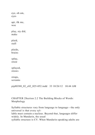 eye, oh am,
eyes
apt, ilk me,
woe
play, sty did,
make
plaid,
stall
plaids,
brains
splay,
straw
splayed,
straws
straps,
screams
pip80380_02_c02_025-052.indd 33 10/26/12 10:44 AM
CHAPTER 2Section 2.2 The Building Blocks of Words:
Morphology
Syllable structures vary from language to language—the only
universal is that every syl-
lable must contain a nucleus. Beyond that, languages differ
widely. In Mandarin, the usual
syllable structure is CV. When Mandarin-speaking adults are
 