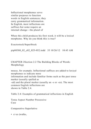 Inflectional morphemes serve
similar purposes to function
words in English sentences; they
carry grammatical information.
In English, most inflections are
suffixes but some require an
internal change—the plural of
When this child produces his first word, it will be a lexical
morpheme. Why do you think this is true?
Exactostock/SuperStock
pip80380_02_c02_025-052.indd 35 10/26/12 10:45 AM
CHAPTER 2Section 2.2 The Building Blocks of Words:
Morphology
mouse, for example. Inflectional suffixes are added to lexical
morphemes to indicate more
information and include familiar forms such as the past tense
marker (usually spelled as
-ed) and the plural marker (usually an -s or -es). The most
common English inflections are
shown in Table 2.4.
Table 2.4: Examples of grammatical inflections in English
Tense Aspect Number Possessive
Case
Comparative Superlative
• s/-es (walks,
 