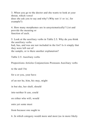 3. When you go to the doctor and she wants to look at your
throat, which vowel
does she ask you to say and why? (Why not /i/ or /u/, for
example?)
4. How many morphemes are in unsystematically? List and
provide the meaning or
function of each.
5. Look at the auxiliary verbs in Table 2.5. Why do you think
the auxiliary verbs
had, has, and was are not included in the list? Is it simply that
they were left out of
the sample, or is there another explanation?
Table 2.5: Auxiliary verbs
Prepositions Articles Conjunctions Pronouns Auxiliary verbs
to the and I be
for a or you, your have
of an nor he, him, his may, might
in but she, her shall, should
into neither It can, could
on either who will, would
onto yet some must
from because one ought to
6. In which category would more and most (as in more likely
 
