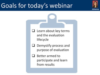 Goals for today’s webinar

 Learn about key terms
and the evaluation
lifecycle
 Demystify process and
purpose of evaluation
 Better armed to
participate and learn
from results

Johanna

 
