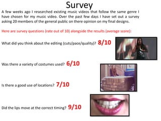 Survey
A few weeks ago I researched existing music videos that follow the same genre I
have chosen for my music video. Over the past few days I have set out a survey
asking 20 members of the general public on there opinion on my final designs.

Here are survey questions (rate out of 10) alongside the results (average score):


What did you think about the editing (cuts/pace/quality)?   8/10


Was there a variety of costumes used?      6/10


Is there a good use of locations?   7/10


Did the lips move at the correct timing?   9/10
 