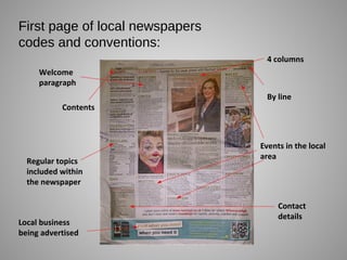 First page of local newspapers
codes and conventions:
Contents
4 columns
Regular topics
included within
the newspaper
By line
Contact
details
Events in the local
area
Welcome
paragraph
Local business
being advertised
 
