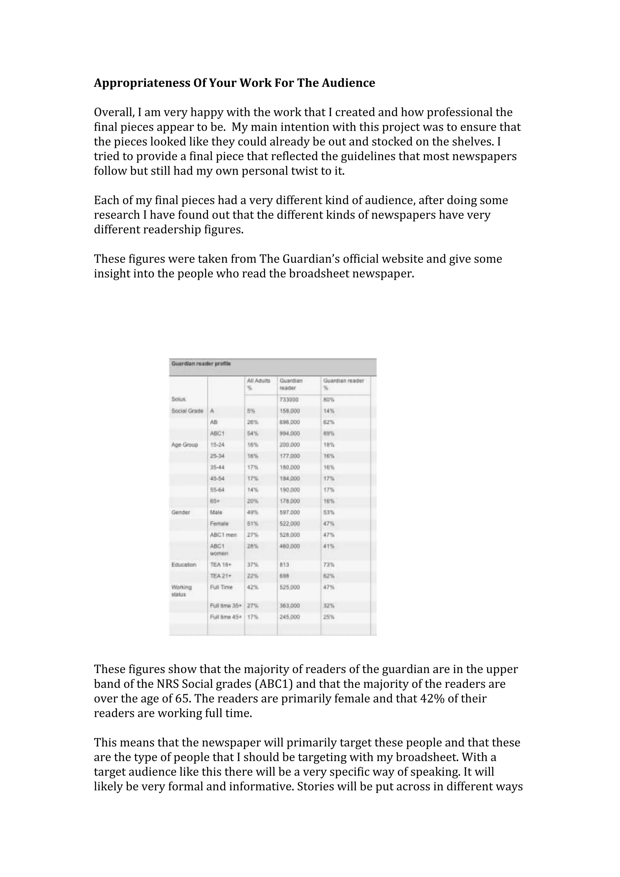 Appropriateness Of Your Work For The Audience
Overall, I am very happy with the work that I created and how professional the
final pieces appear to be. My main intention with this project was to ensure that
the pieces looked like they could already be out and stocked on the shelves. I
tried to provide a final piece that reflected the guidelines that most newspapers
follow but still had my own personal twist to it.
Each of my final pieces had a very different kind of audience, after doing some
research I have found out that the different kinds of newspapers have very
different readership figures.
These figures were taken from The Guardian’s official website and give some
insight into the people who read the broadsheet newspaper.
These figures show that the majority of readers of the guardian are in the upper
band of the NRS Social grades (ABC1) and that the majority of the readers are
over the age of 65. The readers are primarily female and that 42% of their
readers are working full time.
This means that the newspaper will primarily target these people and that these
are the type of people that I should be targeting with my broadsheet. With a
target audience like this there will be a very specific way of speaking. It will
likely be very formal and informative. Stories will be put across in different ways
 