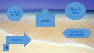 Anticiper les
Définir les risques
priorités
S’adapter
Optimiser les
investissements
PLANIFIER
1