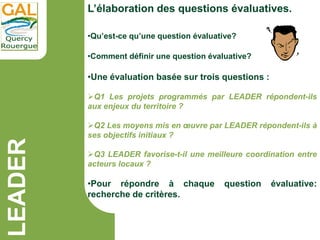LEADER
L’élaboration des questions évaluatives.
•Une évaluation basée sur trois questions :
Q1 Les projets programmés par...
