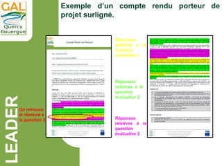 LEADER
Exemple d’un compte rendu porteur de
projet surligné.
Réponses
relatives à la
question
évaluative 2.
Réponses
relat...