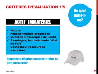 CRITÈRES D’EVALUATION 1/5
Sylvie GAMET
9
ACTIF IMMATÉRIEL
 Nature
 Fonctionnalités proposées
 Qualités intrinsèques de ...