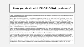 How you dealt with EMOTIONAL problems?
The big emotional problem that I found myself in the most was stress, it seemed that this was the main emotion that I felt throughout this project as
whole with others creeping their way in.
Stress – I felt a lot of stress on this project, it seemed that once I dealt with stress for one part of the project I then had stress for the next, even
knowing that I was on my schedule to get the work done didn’t help me with my stress.The biggest stress came from filming, the filming part of the
project stressed me out because no matter how organised I was I had to rely on others to show up for filming, and as iv learnt in other projects
relying on others for this doesn’t always go the way I would think.This production was no exception for as iv stated previously in the previous slides
people let me down here again and it put my stress levels through the roof, I couldn’t edit without the shots, and I couldn’t do the shots without the
people and the people I asked to help at first didn’t seem to understand this, luckily my stress was lowered when I found replacement actors that
made it to all shoots of the crime scenes when I needed them.
Anger – my anger on this project is focused on the cast and crew that gave me less than a day to find replacements for them, my anger comes form
the fact that if they knew they was away why did they wait until the day to tell me logically they would have known before this, I'm willing to believe
that one person may not have known but three at the same time to me seems to coincidental, it made me feel let down, confused but mainly angry at
not at the fact they couldn’t come but that they didn’t give me enough time to figure out away around it.
Frustration in timing – I had frustration at the location timing, the fact that I only had the location for a certain time gap due to a mix of having to
finish at a certain time, and only being able to start at a certain time (after sun set) meant that I was even more stressed but my stress turned to
frustration when thinking back on it. I dealt with this problem by calming down and arranging another day I could work on it at the location, this was
helpful and meant I was able to get it down even if it did take longer than I believed it would.
Overall I feel like my emotional problems were well dealt with in this project.The main area of emotion in the entire project was with cast crew and
filming all around the same time. but I was able to push through it finding solutions the problems I faced giving me a means to deal with them.
 