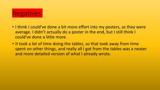 Negatives
• I think I could've done a bit more effort into my posters, as they were
average. I didn’t actually do a poster in the end, but I still think I
could've done a little more.
• It took a lot of time doing the tables, so that took away from time
spent on other things, and really all I got from the tables was a neater
and more detailed version of what I already wrote.
 