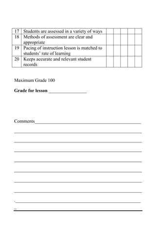 17 Students are assessed in a variety of ways
18 Methods of assessment are clear and
   appropriate
19 Pacing of instruction lesson is matched to
   students’ rate of learning
20 Keeps accurate and relevant student
   records


Maximum Grade 100

Grade for lesson ________________




Comments_____________________________________________
______________________________________________________
______________________________________________________
______________________________________________________

______________________________________________________

______________________________________________________

______________________________________________________

______________________________________________________

._____________________________________________________
_
 