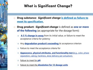18
18
18
What is Significant Change?
 Drug substance: Significant change is defined as failure to
meet its specification.
 Drug product: Significant change is defined as one or more
of the following (as appropriate for the dosage form):
 A 5 % change in assay from its initial value, or failure to meet the
acceptance criteria for potency
 Any degradation product’s exceeding its acceptance criterion
 Failure to meet the acceptance criteria for
 Appearance, physical attributes, and functionality test (e.g., color, phase
separation, caking, hardness, dose delivery per actuation).
 Failure to meet for pH
 Failure to meet the dissolution for 12 dosage units
 