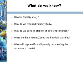 What do we know?
 What is Stability study?
 Why do we required stability study?
 Why do we perform stability at different condition?
 What are the different Zones and how it is classified?
 What will happen if stability study not meeting the
acceptance criteria?
 