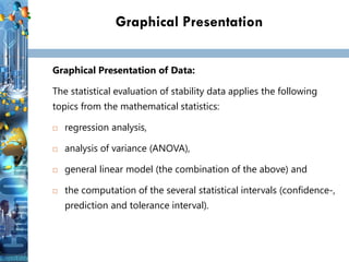 33
33
33
Graphical Presentation
Graphical Presentation of Data:
The statistical evaluation of stability data applies the following
topics from the mathematical statistics:
 regression analysis,
 analysis of variance (ANOVA),
 general linear model (the combination of the above) and
 the computation of the several statistical intervals (confidence-,
prediction and tolerance interval).
 