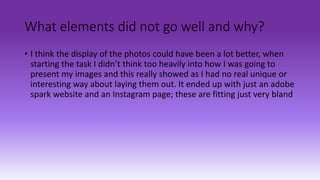 What elements did not go well and why?
• I think the display of the photos could have been a lot better, when
starting the task I didn’t think too heavily into how I was going to
present my images and this really showed as I had no real unique or
interesting way about laying them out. It ended up with just an adobe
spark website and an Instagram page; these are fitting just very bland
 