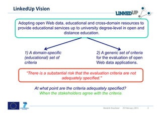  
LinkedUp	
  Vision	
  
	
  
  Adopting open Web data, educational and cross-domain resources to
  provide educational services up to university degree-level in open and
                           distance education.



      1) A domain-specific                      2) A generic set of criteria
      (educational) set of                      for the evaluation of open
      criteria                                  Web data applications.

       “There is a substantial risk that the evaluation criteria are not
                          adequately specified."

            At what point are the criteria adequately specified?
               When the stakeholders agree with the criteria.


                                                    Hendrik Drachsler   25 February 2013   2
 