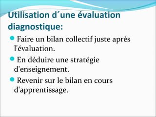 Utilisation d´une évaluation
diagnostique:
Faire un bilan collectif juste après
l'évaluation.
En déduire une stratégie
d'enseignement.
Revenir sur le bilan en cours
d'apprentissage.
 