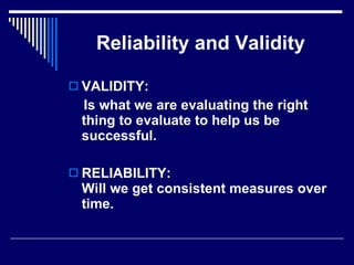 Reliability and Validity VALIDITY:  Is what we are evaluating the right thing to evaluate to help us be successful. RELIABILITY: Will we get consistent measures over time. 