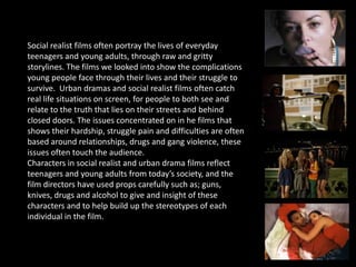 In what ways does your media product use, develop or challenge forms and conventions of real media products?Conventions  Mise en scene          Stereotypical characters, young urban teenagers.        Costume – tracksuits, hoods, hats, jewellery, modern clothing.        Setting – urban area, central BirminghamMusic – using new urban, underground music such as Chase & Status & Giggs  attracts an urban young target audience.