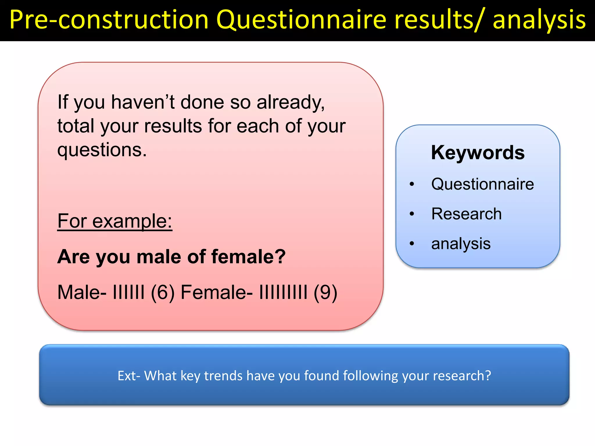 Pre-construction Questionnaire results/ analysis
If you haven’t done so already,
total your results for each of your
questions.

Keywords
• Questionnaire

For example:
Are you male of female?

• Research
• analysis

Male- IIIIII (6) Female- IIIIIIIII (9)

Ext- What key trends have you found following your research?

 