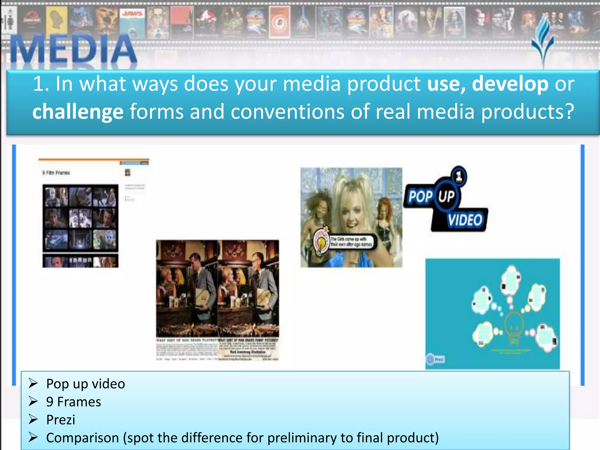 1. In what ways does your media product use, develop or
challenge forms and conventions of real media products?






Pop up video
9 Frames
Prezi
Comparison (spot the difference for preliminary to final product)

 