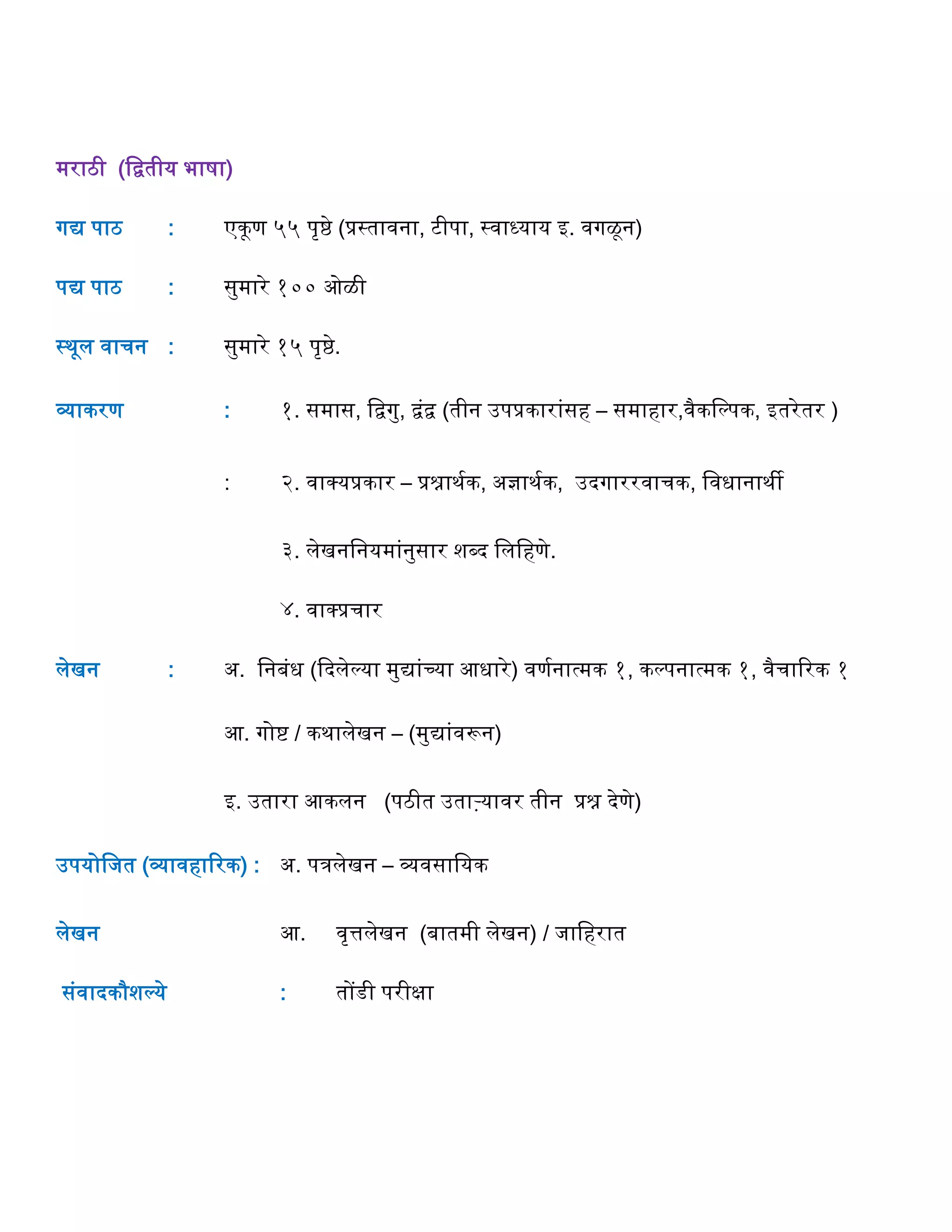 मराठी (वितीय भाषा)
गद्य पाठ : एकूण ५५ पृष्ठे (प्रस्तावना, टीपा, स्वाध्याय इ. वगळून)
पद्य पाठ : सुमारे १०० ओळी
स्थूल वार्न : सुमारे १५ पृष्ठे.
व्याकरण : १. समास, विगु, िंि (तीन उपप्रकारांसि – समािार,वैकवल्पक, इतरेतर )
: २. वाक्प्यप्रकार – प्रश्नाथगक, अज्ञाथगक, उदगाररवार्क, ववधानाथी
३. लेखनवनयमांनुसार शब्द वलविणे.
४. वाक्प्प्रर्ार
लेखन : अ. वनबंध (द्ददलेल्या मुद्यांच्या आधारे) वणगनात्मक १, कल्पनात्मक १, वैर्ाररक १
आ. गोष्ट / कथालेखन – (मुद्यांवरून)
इ. उतारा आकलन (पठीत उताऱ्यावर तीन प्रश्न देणे)
उपयोवजत (व्याविाररक) : अ. पिलेखन – व्यवसावयक
लेखन आ. वृत्तलेखन (बातमी लेखन) / जाविरात
संवादकौशल्ये : तोंडी परीक्षा
 
