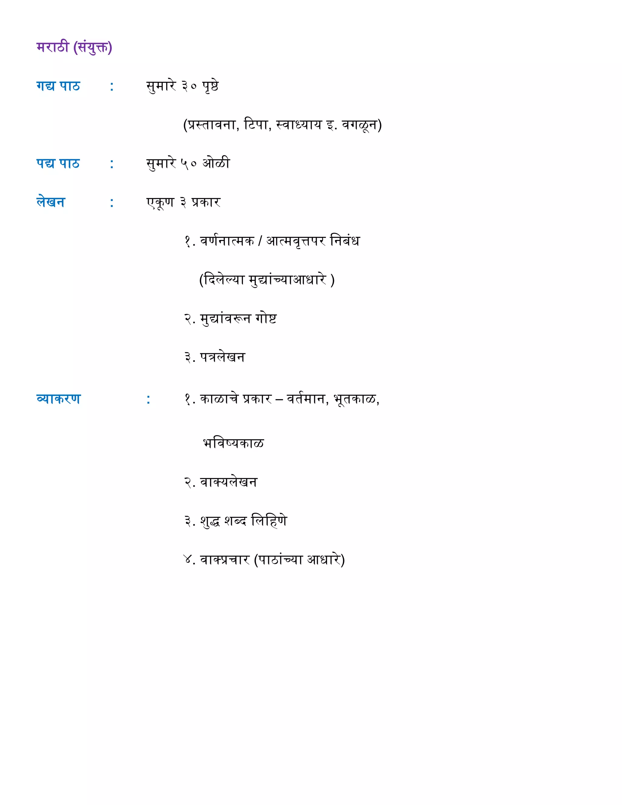 मराठी (संयुक्त)
गद्य पाठ : सुमारे ३० पृष्ठे
(प्रस्तावना, रटपा, स्वाध्याय इ. वगळून)
पद्य पाठ : सुमारे ५० ओळी
लेखन : एकूण ३ प्रकार
१. वणगनात्मक / आत्मवृत्तपर वनबंध
(द्ददलेल्या मुद्यांच्याआधारे )
२. मुद्यांवरून गोष्ट
३. पिलेखन
व्याकरण : १. काळार्े प्रकार – वतगमान, भूतकाळ,
भववष्ट्यकाळ
२. वाक्प्यलेखन
३. शुद्ध शब्द वलविणे
४. वाक्प्प्रर्ार (पाठांच्या आधारे)
 