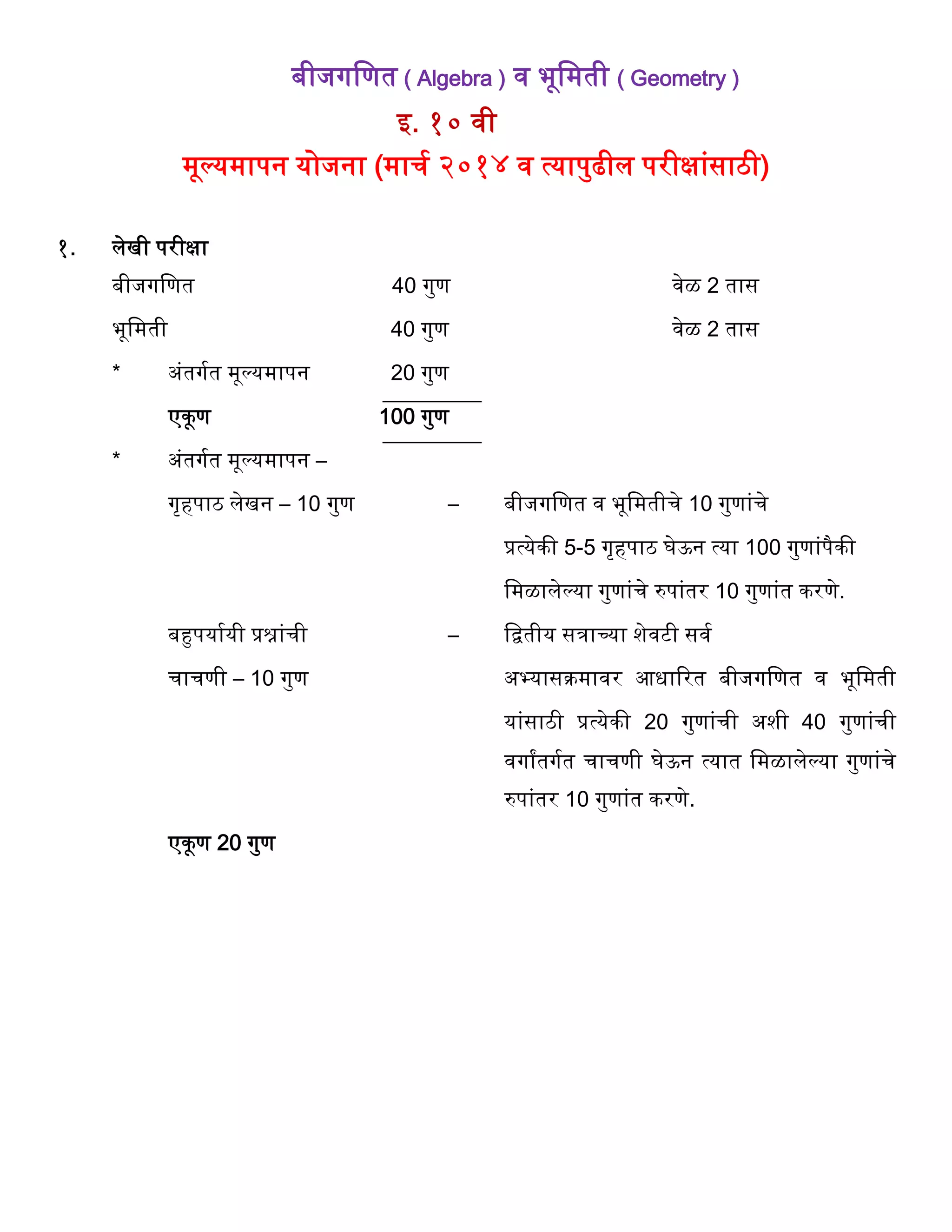 बीजगवणत ( Algebra ) व भूवमती ( Geometry )
इ. १० वी
मूल्यमापन योजना (मार्ग २०१४ व त्यापुढील परीक्षांसाठी)
१. लेखी परीक्षा
बीजगवणत 40 गुण वेळ 2 तास
भूवमती 40 गुण वेळ 2 तास
* अंतगगत मूल्यमापन 20 गुण
एकूण 100 गुण
* अंतगगत मूल्यमापन –
गृिपाठ लेखन – 10 गुण – बीजगवणत व भूवमतीर्े 10 गुणांर्े
प्रत्येकी 5-5 गृिपाठ घेऊन त्या 100 गुणांपैकी
वमळालेल्या गुणांर्े रुपांतर 10 गुणांत करणे.
बहुपयागयी प्रश्नांर्ी – वितीय सिाच्या शेवटी सवग
र्ार्णी – 10 गुण अभ्यासक्रमावर आधाररत बीजगवणत व भूवमती
यांसाठी प्रत्येकी 20 गुणांर्ी अशी 40 गुणांर्ी
वगाांतगगत र्ार्णी घेऊन त्यात वमळालेल्या गुणांर्े
रुपांतर 10 गुणांत करणे.
एकूण 20 गुण
 