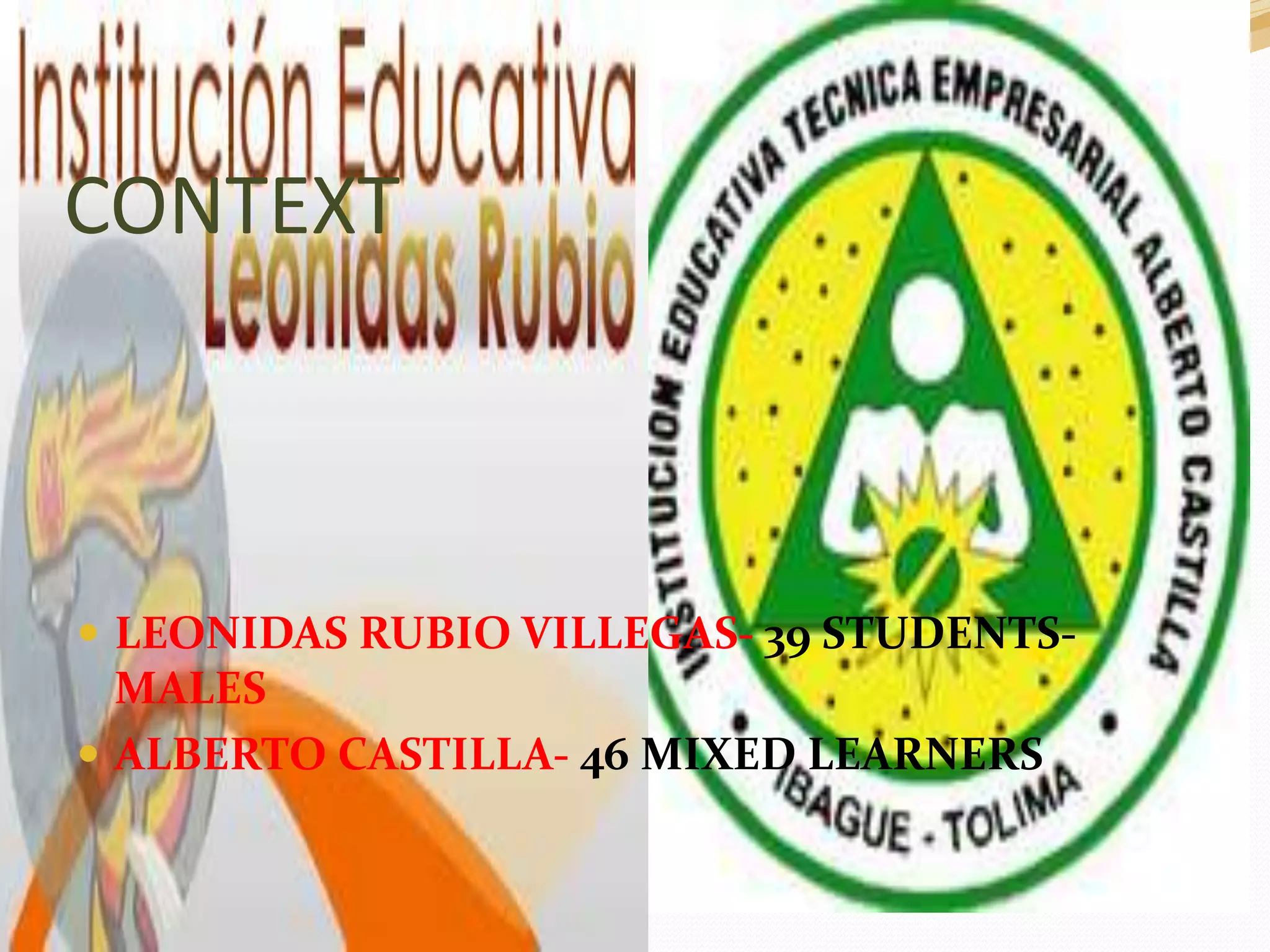 CONTEXT 
 LEONIDAS RUBIO VILLEGAS- 39 STUDENTS-MALES 
 ALBERTO CASTILLA- 46 MIXED LEARNERS 
 