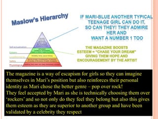 The magazine is a way of escapism for girls so they can imagine
themselves in Mari’s position but also reinforces their personal
identity as Mari chose the better genre – pop over rock!
They feel accepted by Mari as she is technically choosing them over
‘rockers’ and so not only do they feel they belong but also this gives
them esteem as they are superior to another group and have been
validated by a celebrity they respect
 