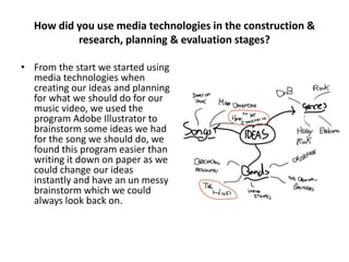 How did you use media technologies in the construction &
research, planning & evaluation stages?
• From the start we started using
media technologies when
creating our ideas and planning
for what we should do for our
music video, we used the
program Adobe Illustrator to
brainstorm some ideas we had
for the song we should do, we
found this program easier than
writing it down on paper as we
could change our ideas
instantly and have an un messy
brainstorm which we could
always look back on.

 