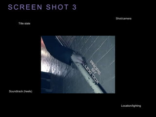S C R E E N S H O T 3
Title slate
Location/lighting
Shot/camera
Soundtrack (heels)
 