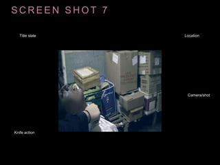 S C R E E N S H O T 7
Title slate Location
Camera/shot
Knife action
 