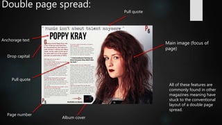 Double page spread:
Main image (focus of
page)
Page number
Pull quote
Anchorage text
Drop capital
Pull quote
All of these features are
commonly found in other
magazines meaning have
stuck to the conventional
layout of a double page
spread.
Album cover
 