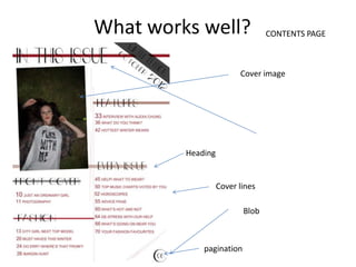 What works well?                 CONTENTS PAGE



                         Cover image




         Heading


                   Cover lines

                          Blob



             pagination
 