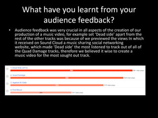 What have you learnt from your
audience feedback?
• Audience feedback was very crucial in all aspects of the creation of our
production of a music video, for example set ‘Dead side’ apart from the
rest of the other tracks was because of we previewed the views In which
it received on Sound Cloud a music sharing social networking
website, which made ‘Dead side’ the most listened to track out of all of
the Quad Damage tracks, therefore we believed it wise to create a
music video for the most sought out track.
 