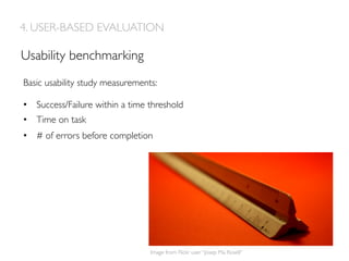 Usability benchmarking
Basic usability study measurements:
•  Success/Failure within a time threshold
•  Time on task
•  # of errors before completion
4. USER-BASED EVALUATION
Image from Flickr user “Josep Ma Rosell”
 