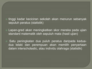    tinggi kadar keciciran sekolah akan menurun sebanyak
    sepuluh peratus (statistik)

   Lapan-gred akan meningkatkan skor mereka pada ujian
    standard matematik oleh sepuluh mata (hasil ujian)

    Satu peningkatan dua puluh peratus daripada kedua-
    dua lelaki dan perempuan akan memilih penyertaan
    dalam interscholastic, atau individu olahraga (statistik)
 