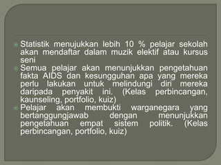 Statistik menujukkan lebih 10 % pelajar sekolah
  akan mendaftar dalam muzik elektif atau kursus
  seni
 Semua pelajar akan menunjukkan pengetahuan
  fakta AIDS dan kesungguhan apa yang mereka
  perlu lakukan untuk melindungi diri mereka
  daripada penyakit ini. (Kelas perbincangan,
  kaunseling, portfolio, kuiz)
 Pelajar   akan membukti warganegara yang
  bertanggungjawab          dengan  menunjukkan
  pengetahuan empat sistem politik. (Kelas
  perbincangan, portfolio, kuiz)
 