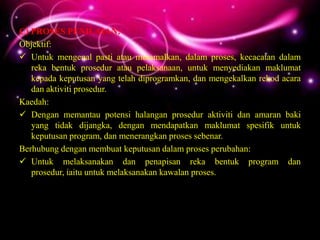 C) PROSES PENILAIAN:
Objektif:
 Untuk mengenal pasti atau meramalkan, dalam proses, kecacatan dalam
   reka bentuk prosedur atau pelaksanaan, untuk menyediakan maklumat
   kepada keputusan yang telah diprogramkan, dan mengekalkan rekod acara
   dan aktiviti prosedur.
Kaedah:
 Dengan memantau potensi halangan prosedur aktiviti dan amaran baki
   yang tidak dijangka, dengan mendapatkan maklumat spesifik untuk
   keputusan program, dan menerangkan proses sebenar.
Berhubung dengan membuat keputusan dalam proses perubahan:
 Untuk melaksanakan dan penapisan reka bentuk program dan
   prosedur, iaitu untuk melaksanakan kawalan proses.
 
