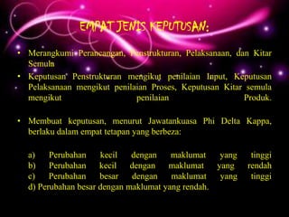 EMPAT JENIS KEPUTUSAN:
• Merangkumi Perancangan, Penstrukturan, Pelaksanaan, dan Kitar
  Semula
• Keputusan Penstrukturan mengikut penilaian Input, Keputusan
  Pelaksanaan mengikut penilaian Proses, Keputusan Kitar semula
  mengikut                   penilaian                  Produk.

• Membuat keputusan, menurut Jawatankuasa Phi Delta Kappa,
  berlaku dalam empat tetapan yang berbeza:

  a)    Perubahan    kecil   dengan    maklumat    yang    tinggi
  b)    Perubahan    kecil   dengan   maklumat    yang    rendah
  c)    Perubahan    besar   dengan    maklumat    yang    tinggi
  d) Perubahan besar dengan maklumat yang rendah.
 