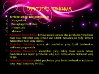 EMPAT JENIS PERUBAHAN:
 Terdapat empat jenis perubahan:
a) Neomobilistic
b) Peningkatan/Tambahan
c) Homeostatic
d) Metamorf
 Perubahan Noemobilistic berlaku dalam suasana atau perubahan yang besar
  pada asas maklumat yang rendah dan adalah penyelesaian yang inovatif
  berdasarkan bukti yang sedikit.
 Perubahan Tambahan adalah siri perubahan yang kecil berdasarkan
  maklumat yang rendah.
 Perubahan Homeostatic merupakan yang paling biasa dalam bidang
  pendidikan dan adalah perubahan yang kecil berdasarkan maklumat yang
  tinggi.
 Perubahan Metamorf adalah perubahan yang besar berdasarkan maklumat
  yang tinggi dan jarang berlaku.
 