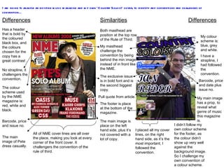 I am going to analyse an existing music magazine and my own ‘Country Soloist’ cover, to identify any conventions and challenges of convention… Both masthead are position at the top row of the Rule of Third. My masthead challenge the convention by being behind the min image instead of in front like the NME. The exclusive issue is in bold font and is the second biggest copy. The footer is place at the bottom of the magazine. The main image is place on the left hand side, plus it’s not covered with a lot of copy.  Pull quote from article. Has a header that is bold by the coloured black box, and the colours chosen for the copy has a great contrast .  The colour scheme used by the NME magazine is: red, white and black.  My colour scheme is: blue, grey and white. Similarities Differences Differences I placed all my cover lines, on the right hand side, as it’s the most important, I followed the convention. All of NME cover lines are all over the place, making you look at every corner of the front cover. It challengers the convention of the rule of third. I have a strapline, I had followed the convention. No strapline, it challengers the convention. I didn’t follow my own colour scheme for the footer, as the colour didn’t show up very well against the background image. So I challenge my own convention of a colour scheme.  Barcode, price and issue no.  Barcode, price and date plus issue no.  My main image has a prop, to reveal what genre of music this magazine is.  The main image of Pete dress casually.  