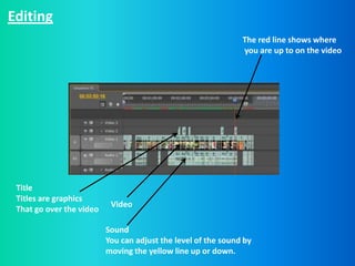 Editing
                                                               The red line shows where
                                                               you are up to on the video




 Title
 Titles are graphics
                           Video
 That go over the video

                          Sound
                          You can adjust the level of the sound by
                          moving the yellow line up or down.
 