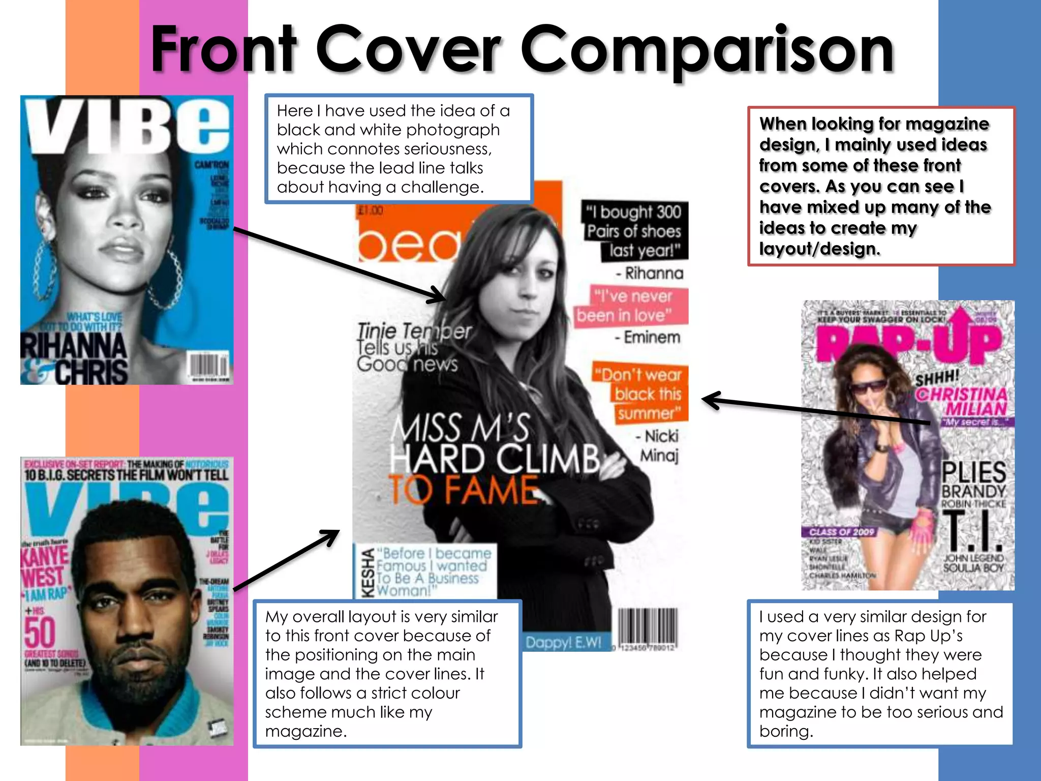 Front Cover Comparison
    Here I have used the idea of a
    black and white photograph         When looking for magazine
    which connotes seriousness,        design, I mainly used ideas
    because the lead line talks        from some of these front
    about having a challenge.          covers. As you can see I
                                       have mixed up many of the
                                       ideas to create my
                                       layout/design.




   My overall layout is very similar   I used a very similar design for
   to this front cover because of      my cover lines as Rap Up’s
   the positioning on the main         because I thought they were
   image and the cover lines. It       fun and funky. It also helped
   also follows a strict colour        me because I didn’t want my
   scheme much like my                 magazine to be too serious and
   magazine.                           boring.
 