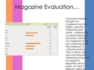 Magazine Evaluation…
               I found out people
               thought my
               magazine was fun,
               bright, colourful,
               interesting and
               pretty. I believe this
               is a good response,
               because I wanted
               my magazine to be
               eye catching and if
               they believe it is
               colourful and fun,
               then it will be very
               eye catching and
               interesting to look at.
               No negative
               responses we’re
               given, so I don’t
               believe I need to
 