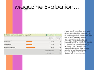 Magazine Evaluation…



               I also was interested to know
               what peoples favourite page
               of the magazine would be. The
               result shows that people
               thought my Double Page
               Spread was the best. Although,
               I thought my contents page
               was my best design. This
               therefore means next time I
               should try to improve the
               design of my contents.
 